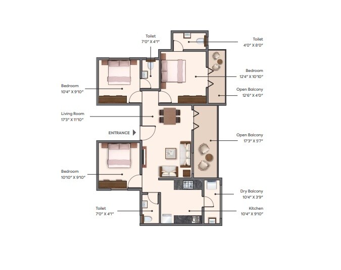 Floor plan of 3 BHK 1237 Sq. Ft. Apartment in Shree Krishna Sentosa Pride, Pune