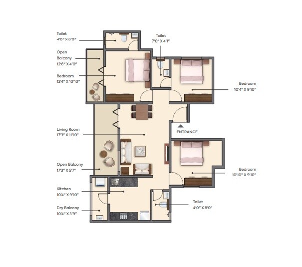 Floor plan of 3 BHK 1277 Sq. Ft. Apartment in Shree Krishna Sentosa Pride, Pune