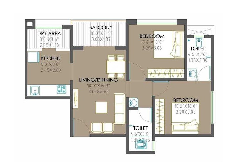 2 BHK 566 Sq. Ft. Apartment