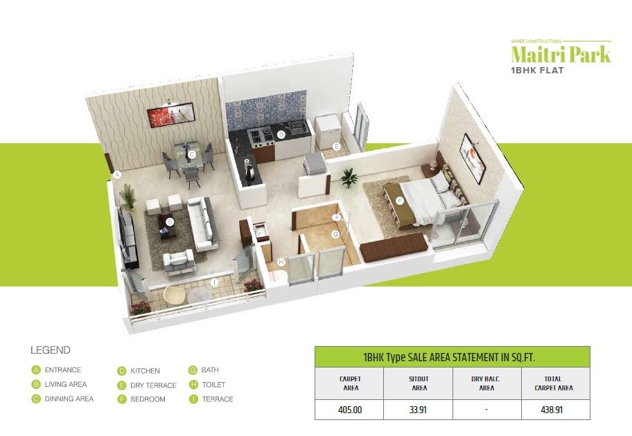 Floor plan of 1 BHK 438 Sq. Ft. Apartment in Shree Maitri Park, Pune