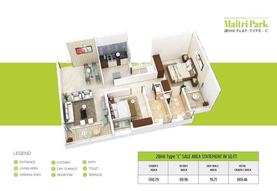 Floor plan of 2 BHK 669 Sq. Ft. Apartment in Shree Maitri Park, Pune