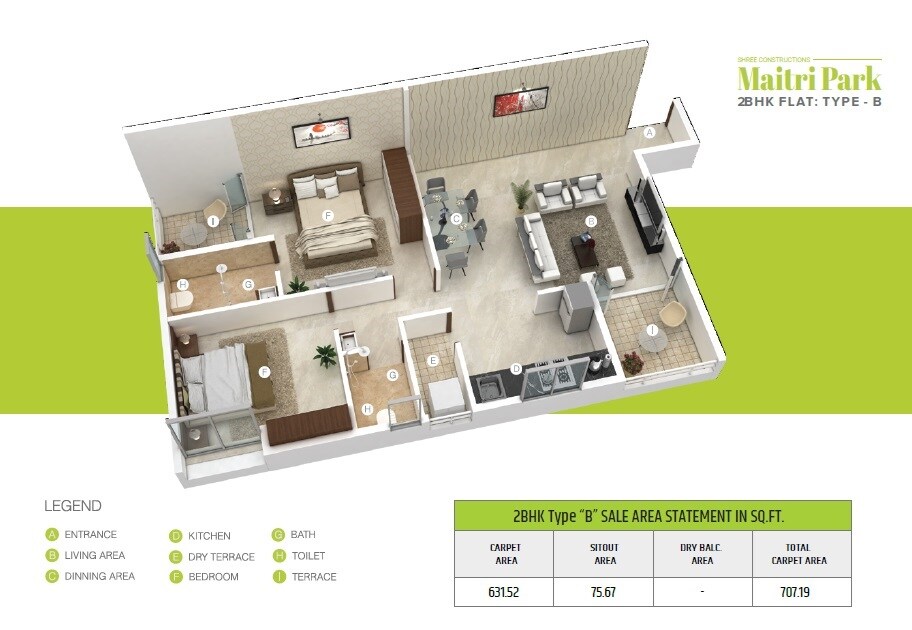 Floor plan of 2 BHK 707 Sq. Ft. Apartment in Shree Maitri Park, Pune