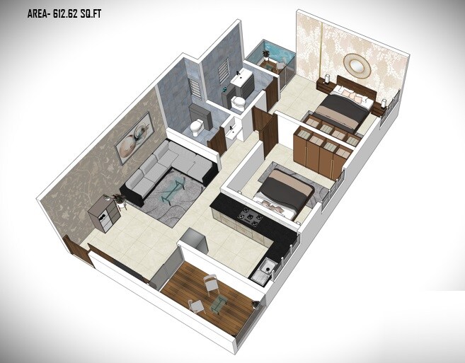 Floor plan of 2 BHK 612 Sq. Ft. Apartment in Shree Mangalam, Pune