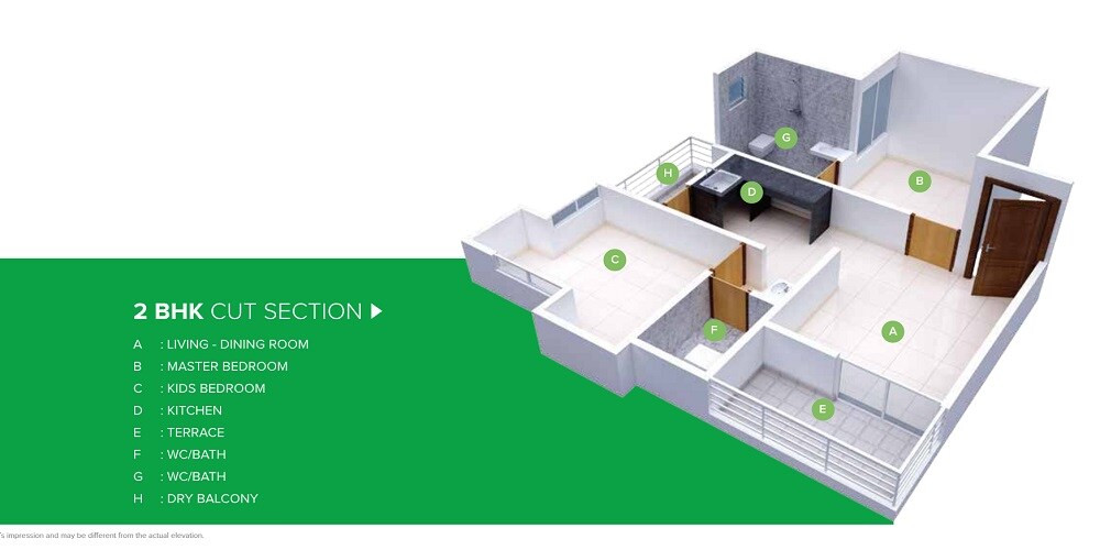 Floor plan of 2 BHK 491 Sq. Ft. Apartment in Shree Mangalmurti Green Fantasy, Pune