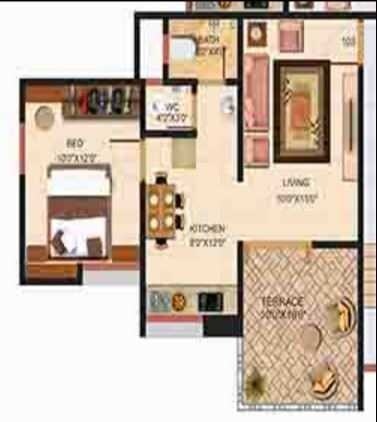 Floor plan of 1 BHK 680 Sq. Ft. Apartment in Shree Manibhadra Wakad Centre, Pune