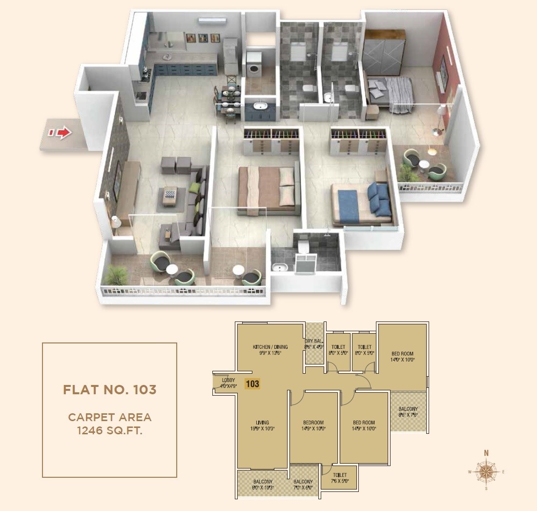 Floor plan of 3 BHK 1246 Sq. Ft. Apartment in Shree Palaash Oak, Pune