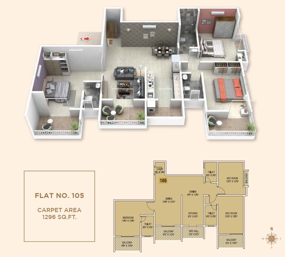 Floor plan of 3 BHK 1296 Sq. Ft. Apartment in Shree Palaash Oak, Pune