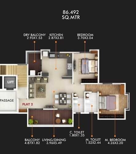 Floor plan of 2 BHK 931 Sq. Ft. Apartment in Shree Panache, Pune