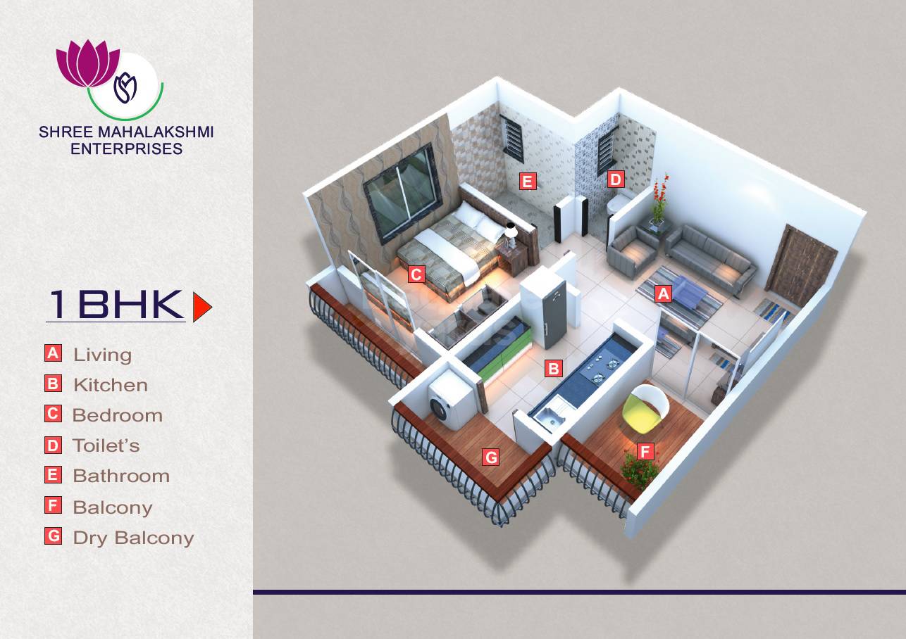 Floor plan of 1 BHK 465 Sq. Ft. Apartment in Shree Paradise Apartments, Pune