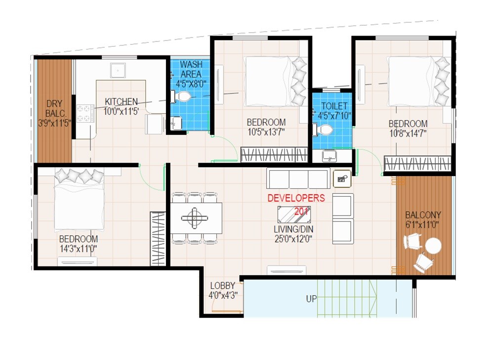 Floor plan of 3 BHK 1118 Sq. Ft. Apartment in Shree Ram Apartments, Pune