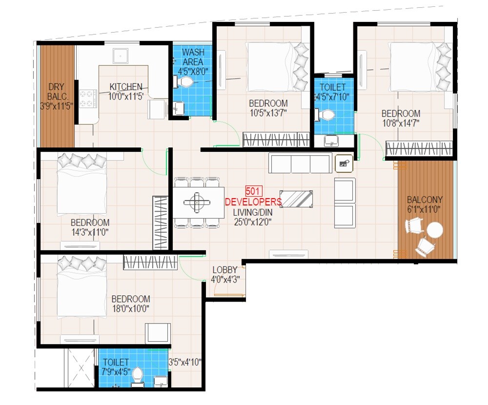 Floor plan of 4 BHK 1363 Sq. Ft. Apartment in Shree Ram Apartments, Pune