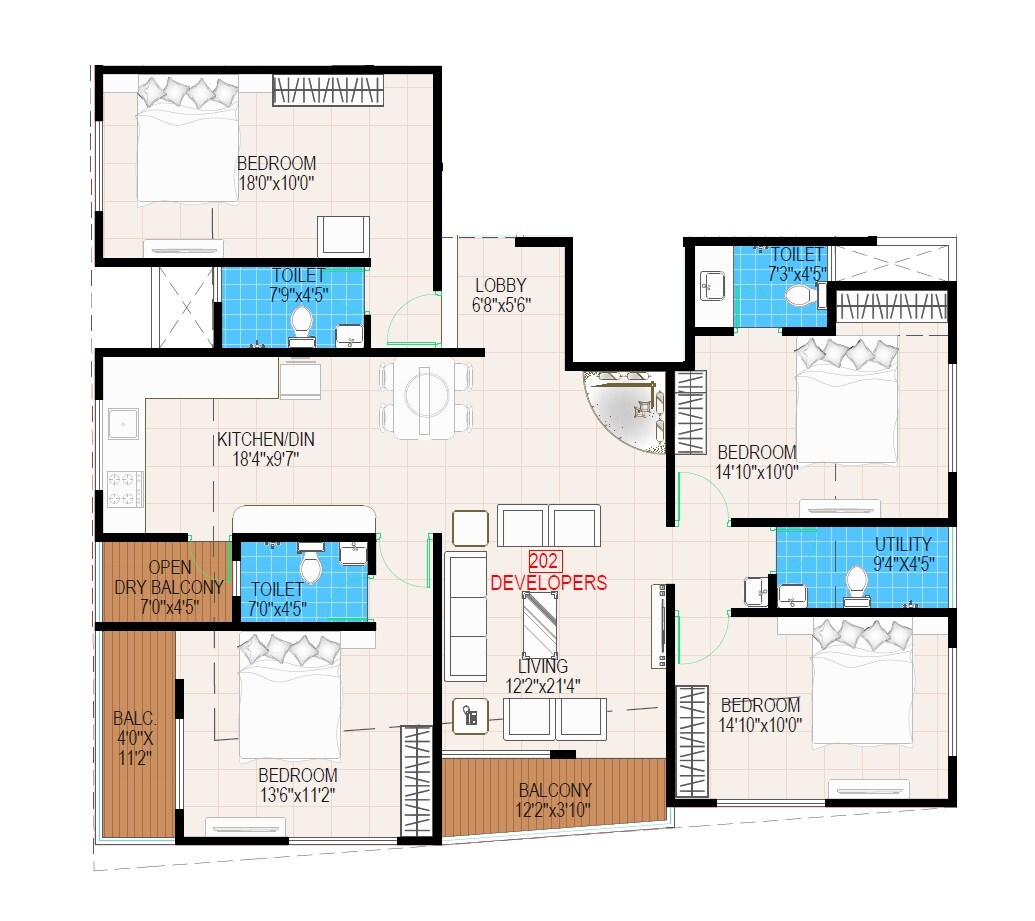 Floor plan of 4 BHK 1518 Sq. Ft. Apartment in Shree Ram Apartments, Pune