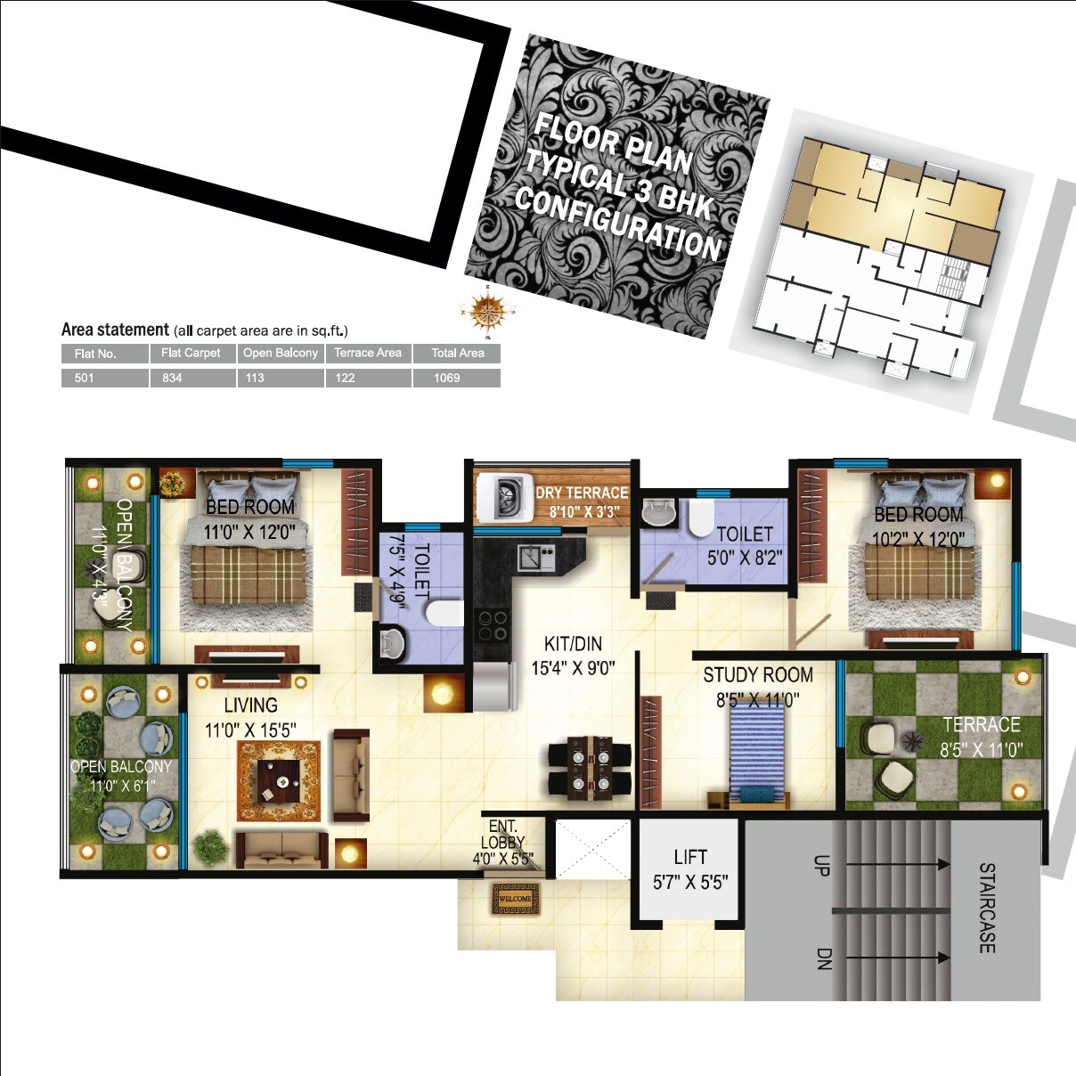 Floor plan of 3 BHK 1069 Sq. Ft. Apartment in Shree Ram Gulmohar Apartment, Pune