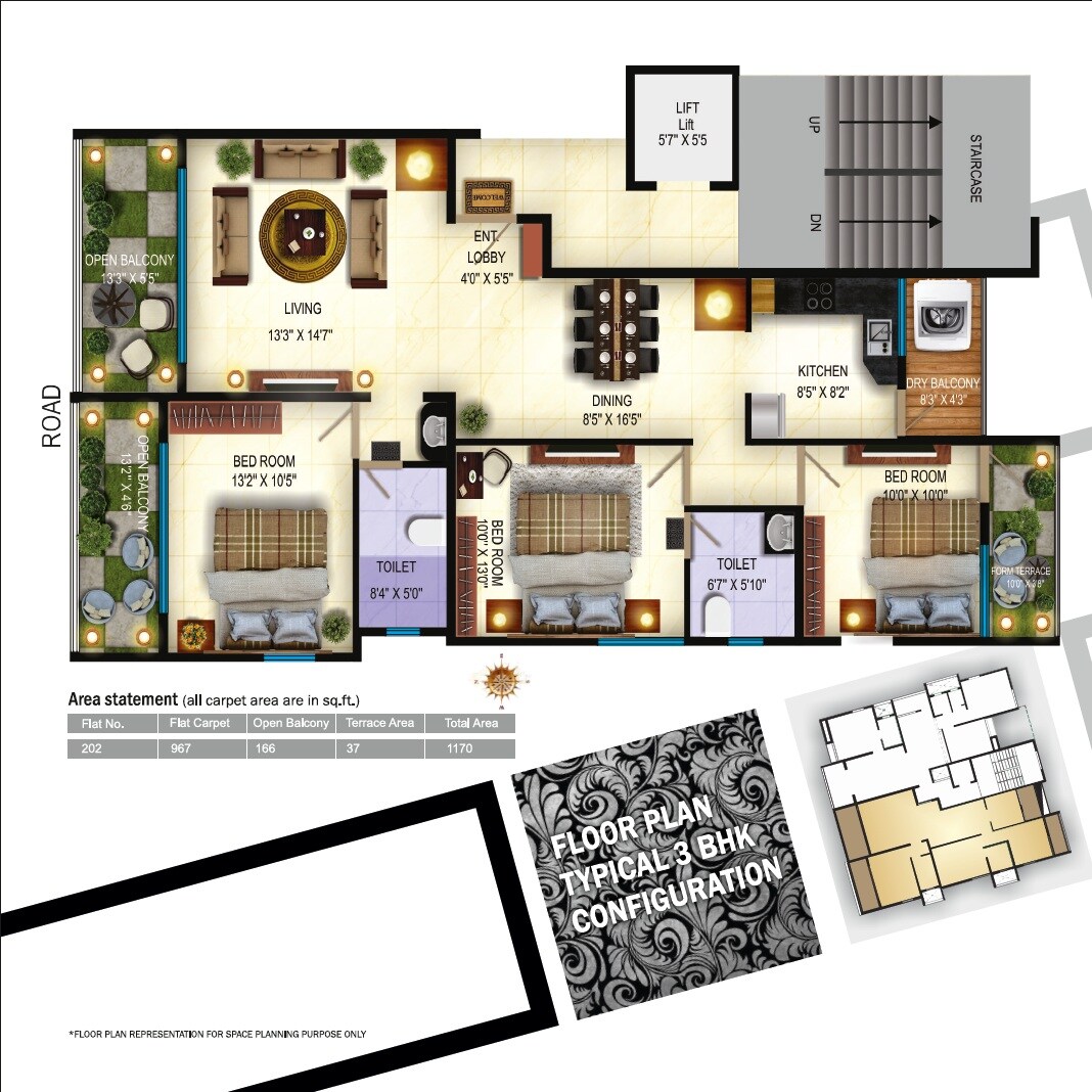 Floor plan of 3 BHK 1170 Sq. Ft. Apartment in Shree Ram Gulmohar Apartment, Pune