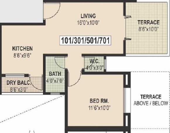Floor plan of 1 BHK 684 Sq. Ft. Apartment in Shree Ram Hill View, Pune