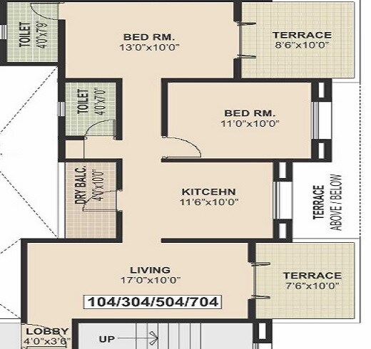 Floor plan of 2 BHK 1135 Sq. Ft. Apartment in Shree Ram Hill View, Pune