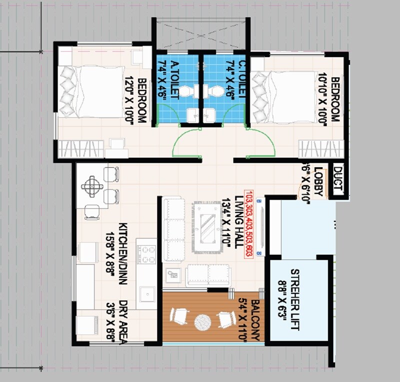 2 BHK 855 Sq. Ft. Apartment