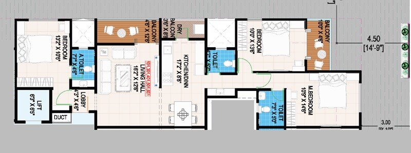Floor plan of 3 BHK 1152 Sq. Ft. Apartment in Shree Ram Sumedha, Pune