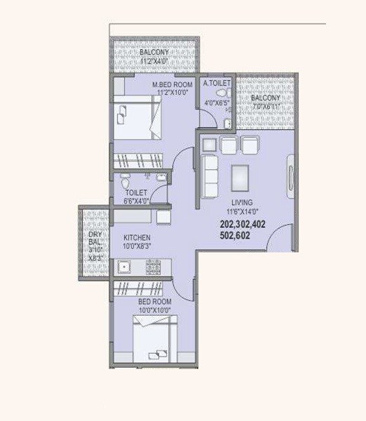 Floor plan of 2 BHK 659 Sq. Ft. Apartment in Shree Rekha Devi Heritage, Pune