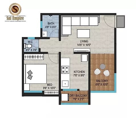 Floor plan of 1 BHK 477 Sq. Ft. Apartment in Shree Sai Empire, Pune