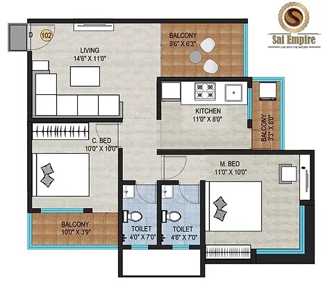 Floor plan of 2 BHK 703 Sq. Ft. Apartment in Shree Sai Empire, Pune