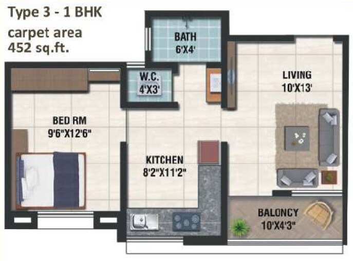 1 BHK 452 Sq. Ft. Apartment