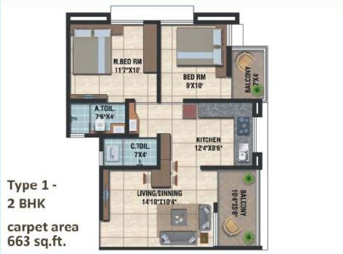 2 BHK 663 Sq. Ft. Apartment