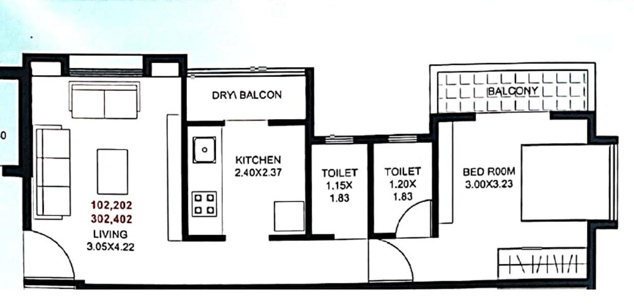 Floor plan of 1 BHK 465 Sq. Ft. Apartment in Shree Sai Samarth Residency, Pune