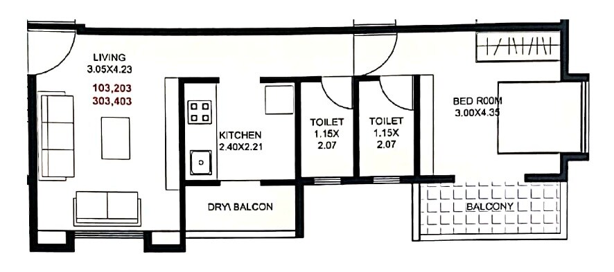 Floor plan of 1 BHK 480 Sq. Ft. Apartment in Shree Sai Samarth Residency, Pune