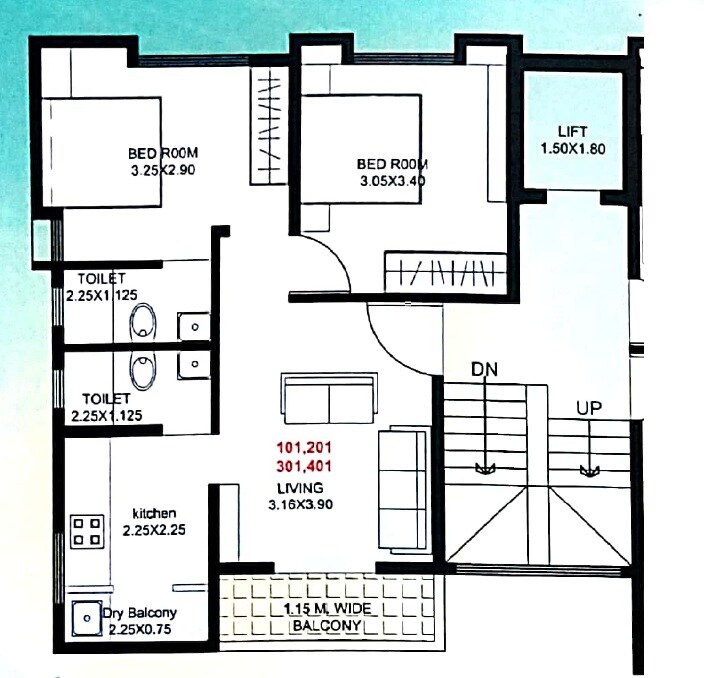 Floor plan of 2 BHK 543 Sq. Ft. Apartment in Shree Sai Samarth Residency, Pune