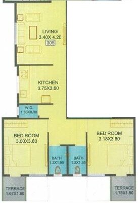 Floor plan of 2 BHK 882 Sq. Ft. Apartment in Shree Samarth Radhika Regency, Pune