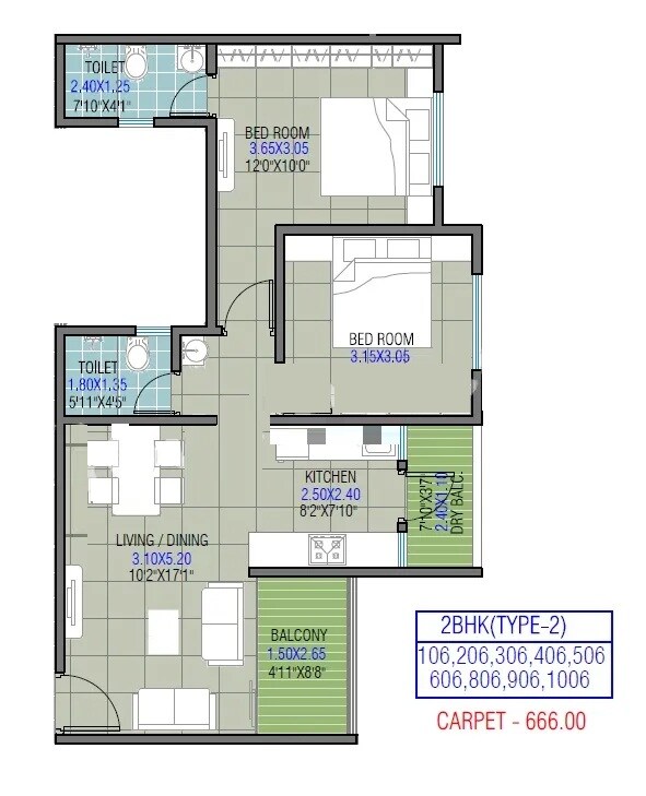 Floor plan of 2 BHK 666 Sq. Ft. Apartment in Shree Sanskriti, Pune