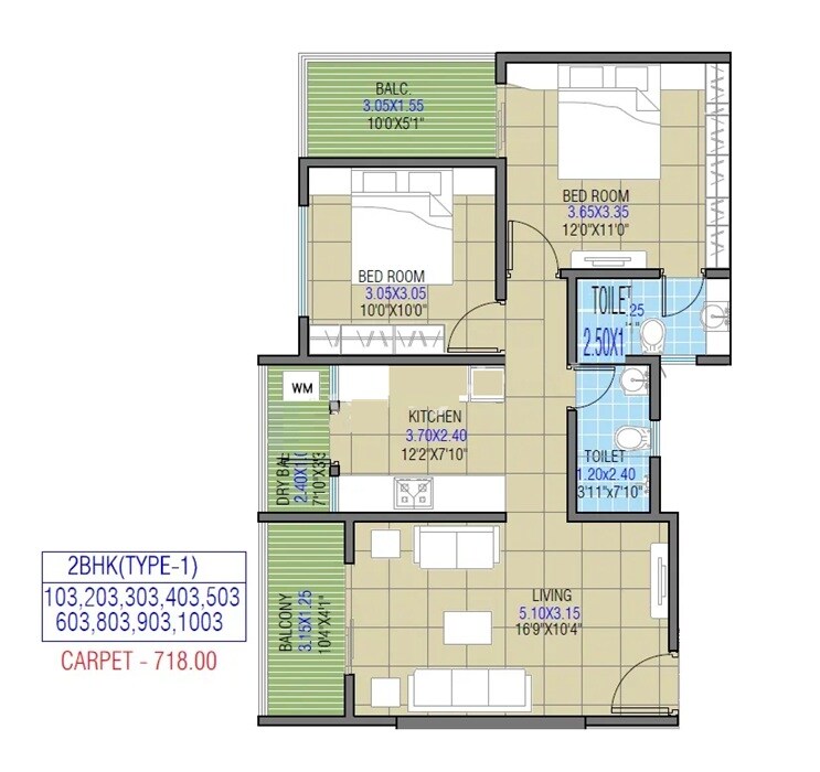 Floor plan of 2 BHK 718 Sq. Ft. Apartment in Shree Sanskriti, Pune