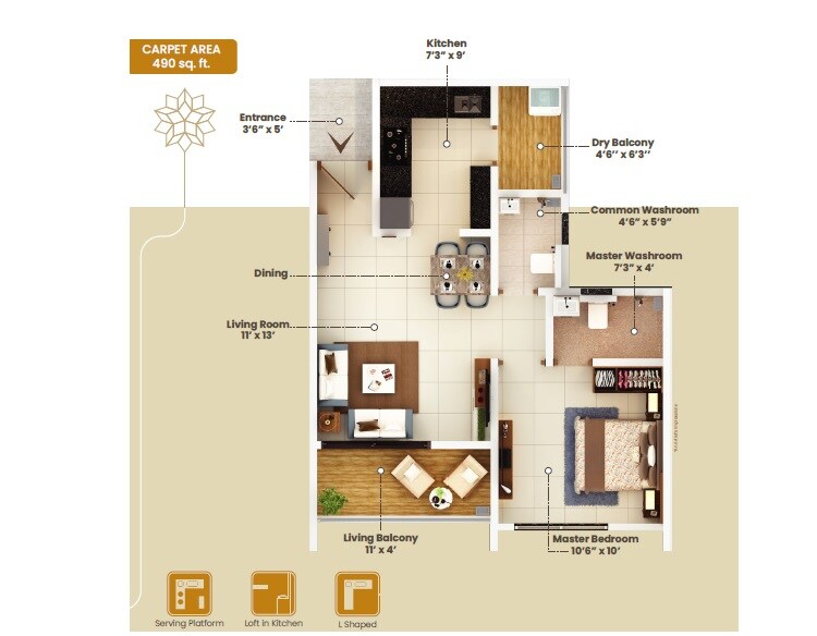 Floor plan of 1 BHK 490 Sq. Ft. Apartment in Shree Shankeshwar Crystal, Pune