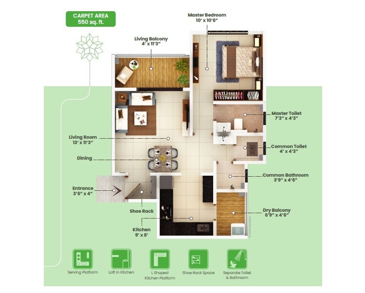Floor plan of 1 BHK 550 Sq. Ft. Apartment in Shree Shankeshwar Crystal, Pune
