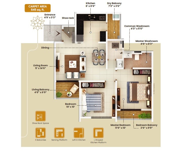 Floor plan of 2 BHK 645 Sq. Ft. Apartment in Shree Shankeshwar Crystal, Pune