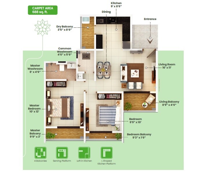 Floor plan of 2 BHK 688 Sq. Ft. Apartment in Shree Shankeshwar Crystal, Pune
