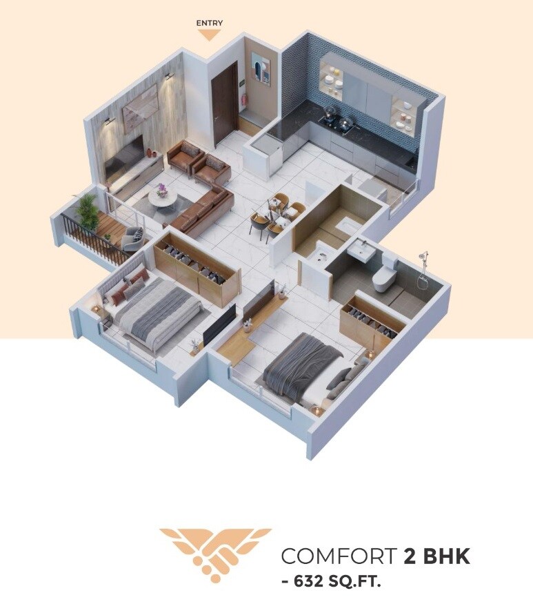 Floor plan of 2 BHK 632 Sq. Ft. Apartment in Shree Shankeshwar Sparsh, Pune