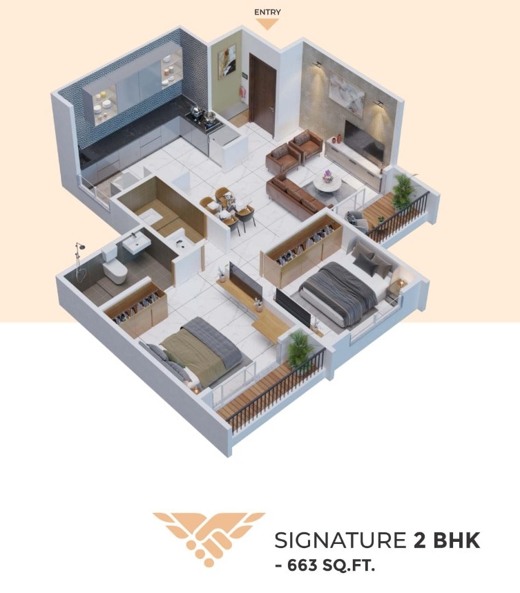 Floor plan of 2 BHK 663 Sq. Ft. Apartment in Shree Shankeshwar Sparsh, Pune
