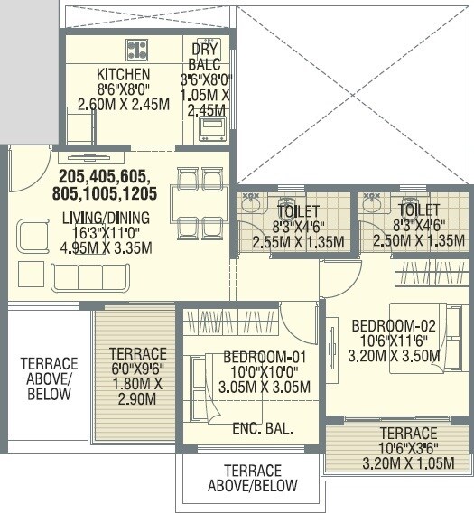 Floor plan of 2 BHK 737 Sq. Ft. Apartment in Shree Signature Park, Pune