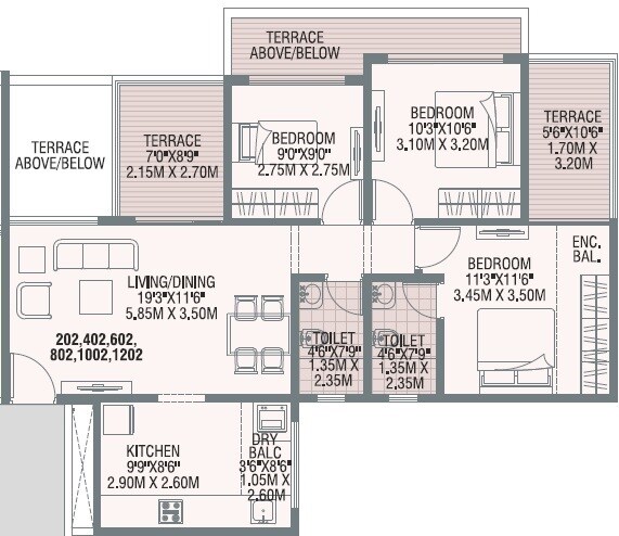 Floor plan of 3 BHK 1071 Sq. Ft. Apartment in Shree Signature Park, Pune