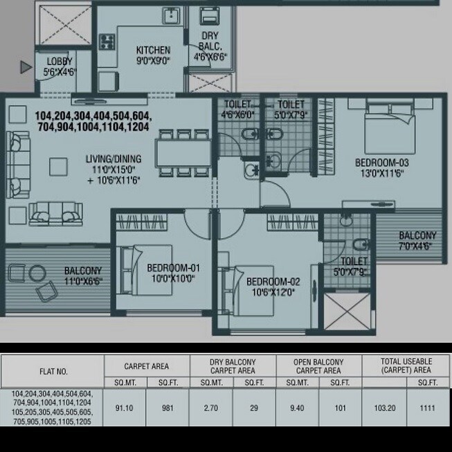 Floor plan of 3 BHK 1111 Sq. Ft. Apartment in Shree Signature Park, Pune