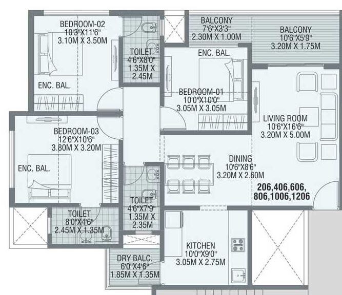 Floor plan of 3 BHK 1022 Sq. Ft. Apartment in Shree Sonigara Signature Park, Pune