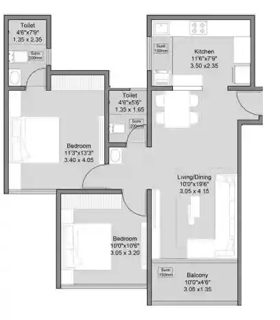Floor plan of 2 BHK 703 Sq. Ft. Apartment in Shree Sonigara Vivanta Next, Pune