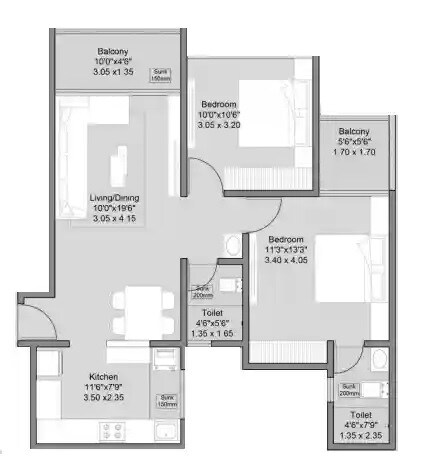 Floor plan of 2 BHK 741 Sq. Ft. Apartment in Shree Sonigara Vivanta Next, Pune
