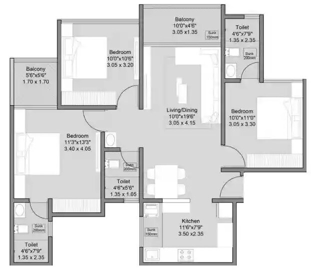 Floor plan of 3 BHK 923 Sq. Ft. Apartment in Shree Sonigara Vivanta Next, Pune