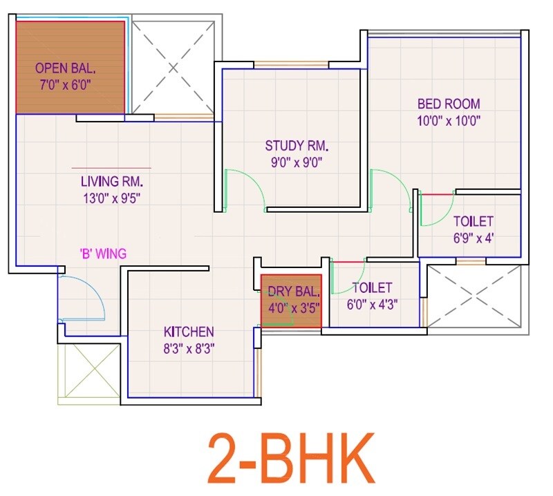 Floor plan of 2 BHK 530 Sq. Ft. Apartment in Shree Sparsh Aster, Pune