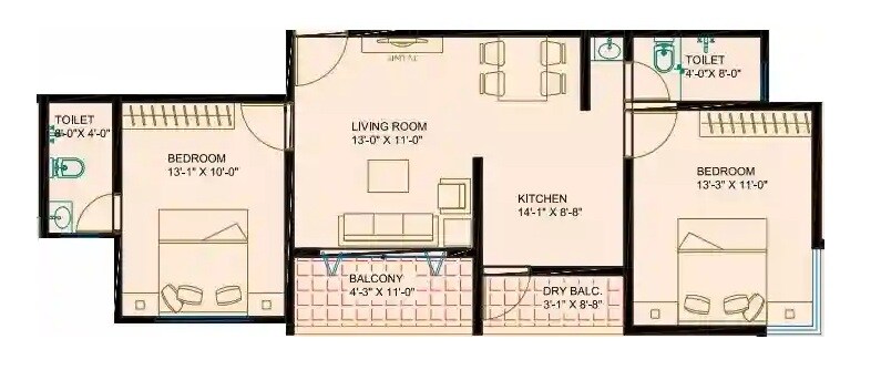 Floor plan of 2 BHK 460 Sq. Ft. Apartment in Shree Sushrut Residency, Pune