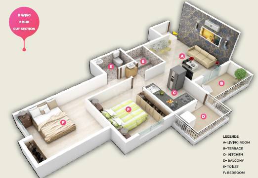 Floor plan of 2 BHK 529 Sq. Ft. Apartment in Shree Swami Samarth Serenity, Pune