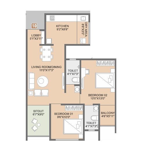 Floor plan of 2 BHK 715 Sq. Ft. Apartment in The Shashwat, Pune